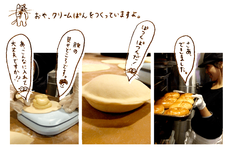 スタッフの方が、クリームパンを作る過程のレポート。生地の上にたっぷりのクリームがのせられ、オーブンで焼かれてこんがりとした様子の写真。